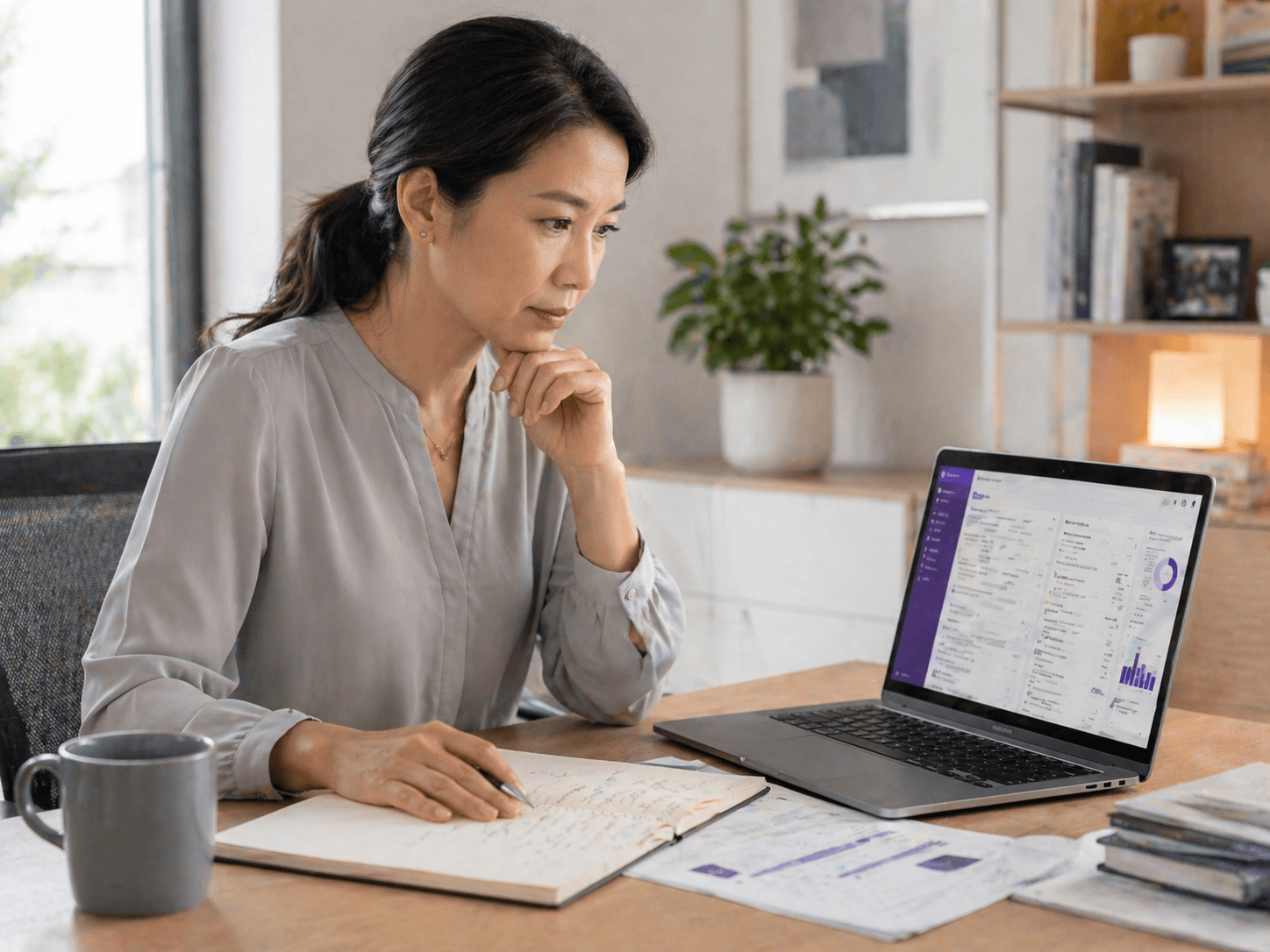 East Asian healthcare practice leader researching medical virtual assistant resources on a laptop