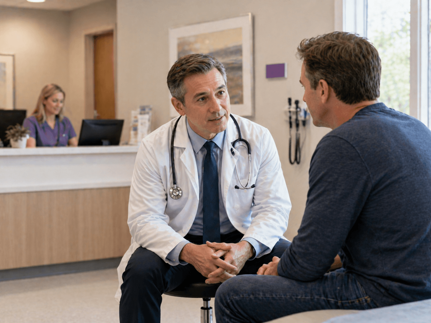 Asian American physician focused on patient consultation while a medical virtual assistant handles back-office administrative work