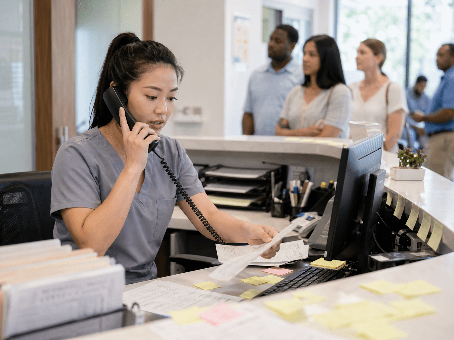 Asian American medical receptionist overwhelmed by phone calls, paperwork, and patient intake