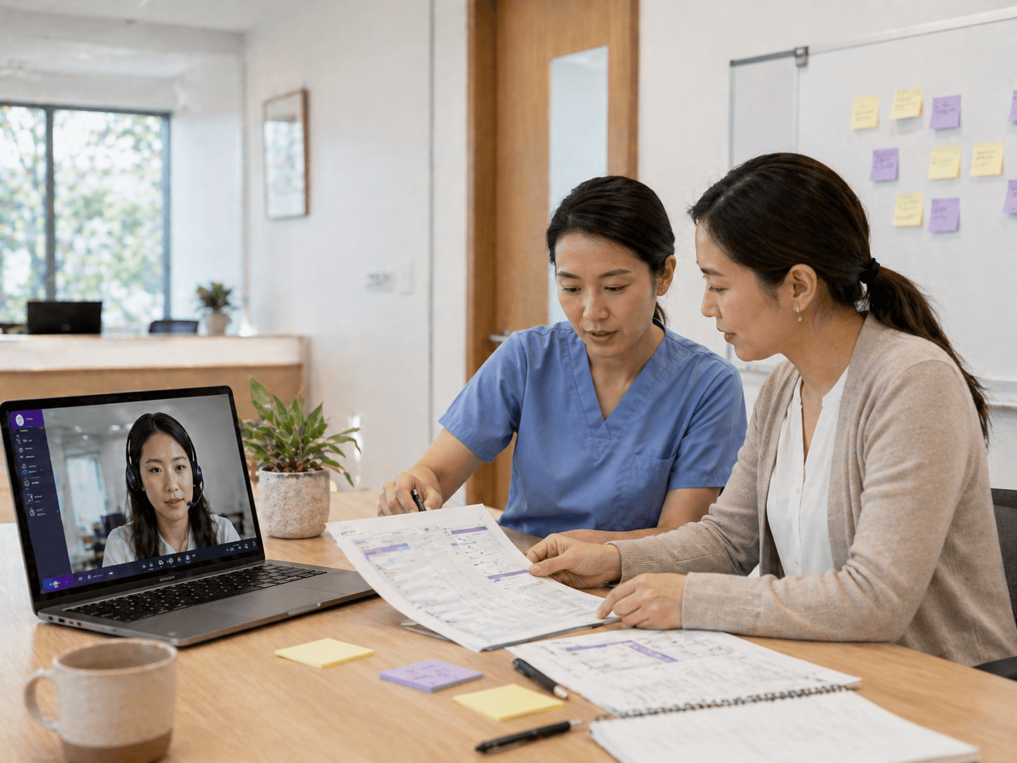 East Asian medical virtual assistant onboarding with a healthcare clinic team via video call, reviewing SOPs together