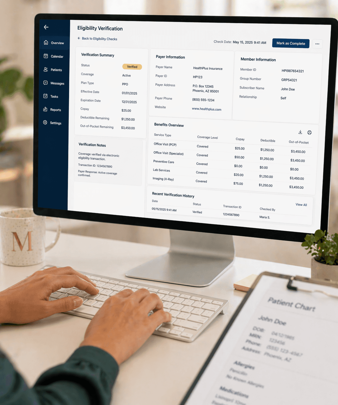 Close-up of EHR payer workflow — eligibility fields and benefits review