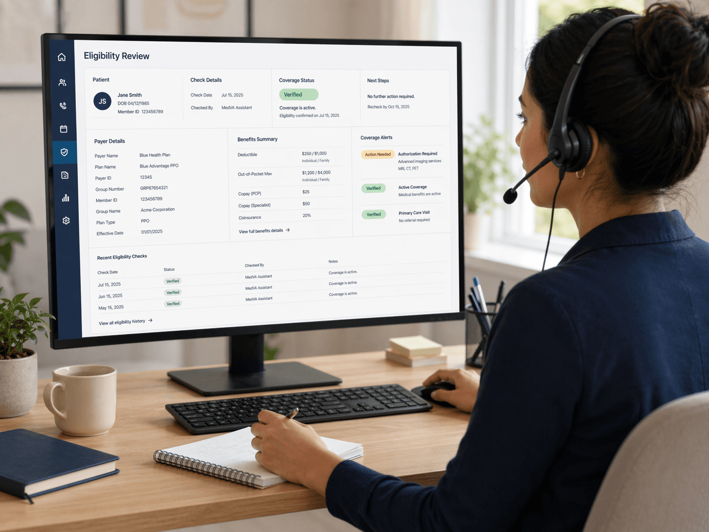 Medical VA reviewing an insurance eligibility dashboard on a monitor