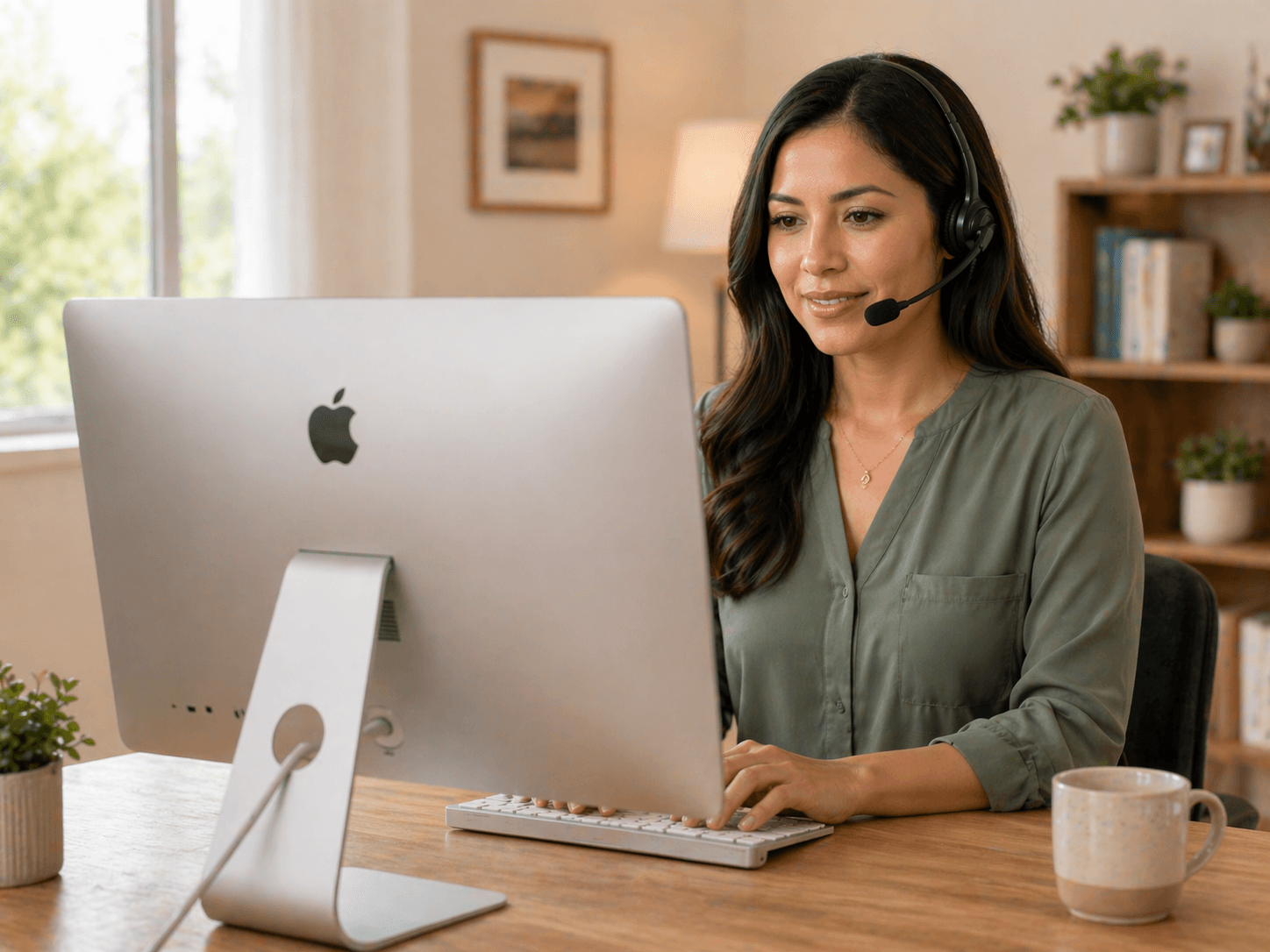 Virtual medical receptionist wearing a headset at a home-office desk