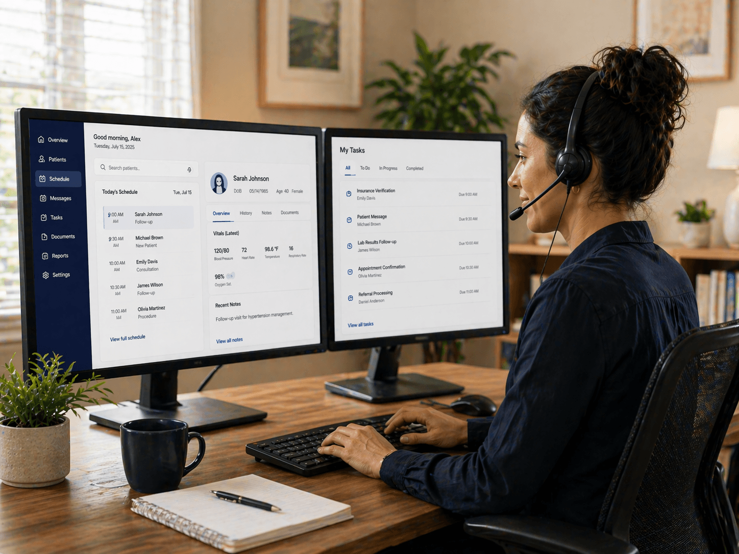 Medical virtual assistant at a dual-monitor home office working inside an EHR