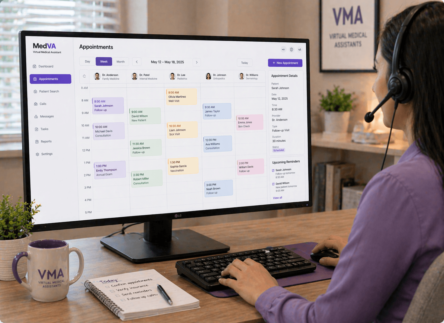 Medical virtual assistant managing patient scheduling inside an EHR dashboard